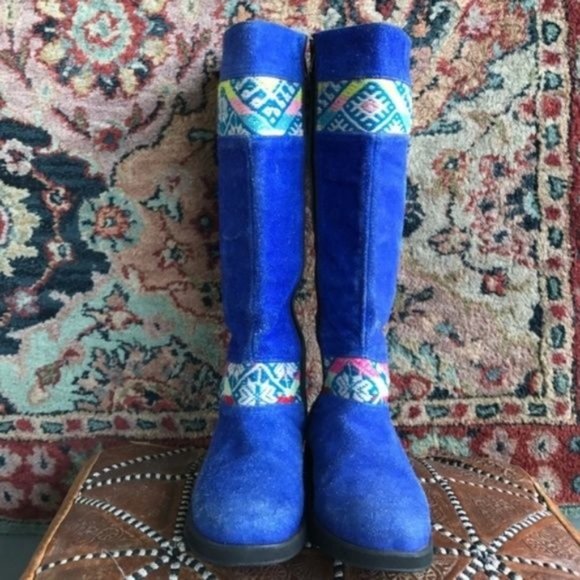 Suede Textile Boots Moroccan Handmade Local Blue - Picture 2 of 7